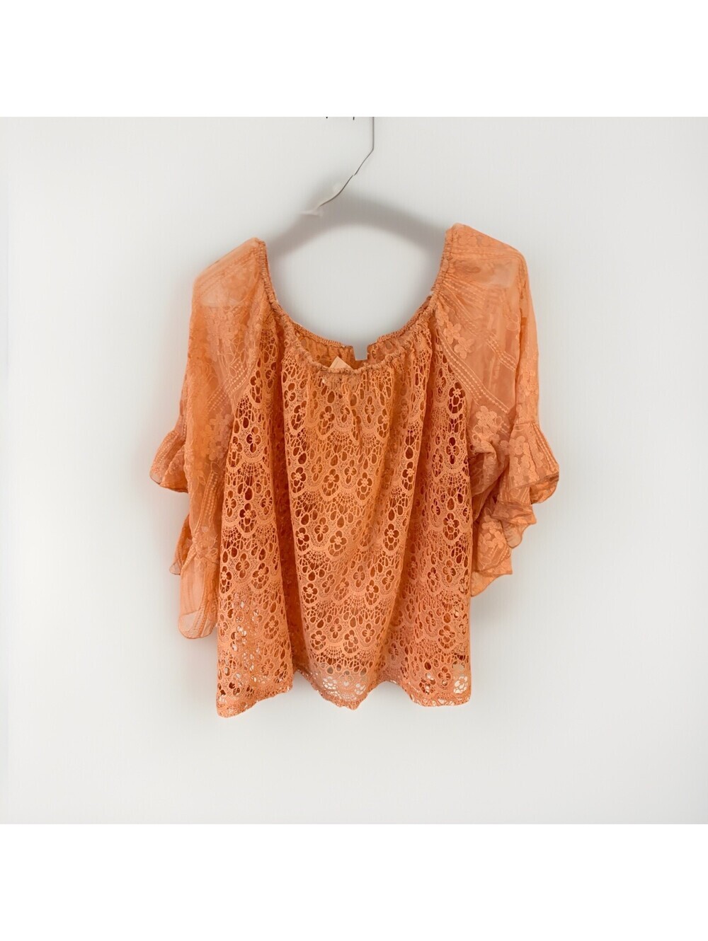 Cato Top Off Shoulder Coral Pink Crochet Lace Ruffle Sleeve NEW Sz Large